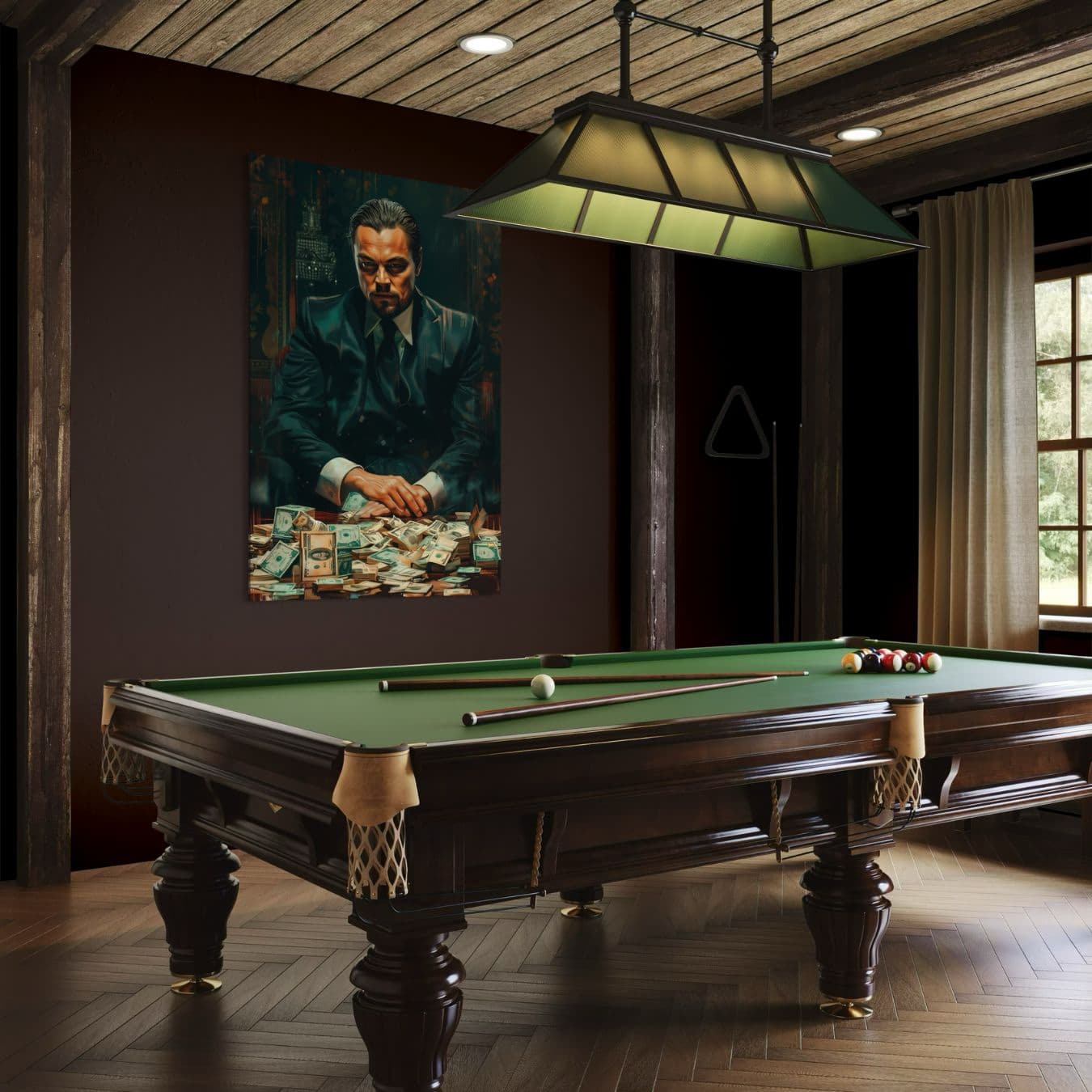 Dibond schilderij van man met stapels geld in stijlvolle biljartkamer.