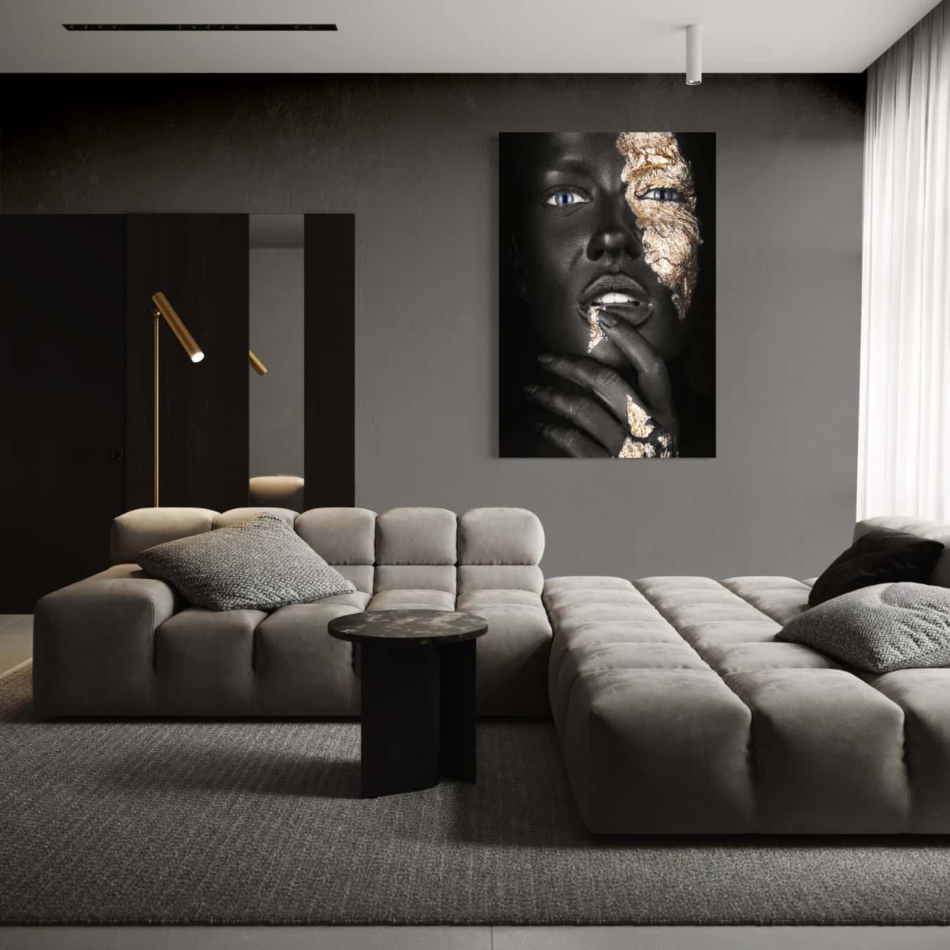 dibond schlderij van een gouden en zwarte vrouw in een interieur