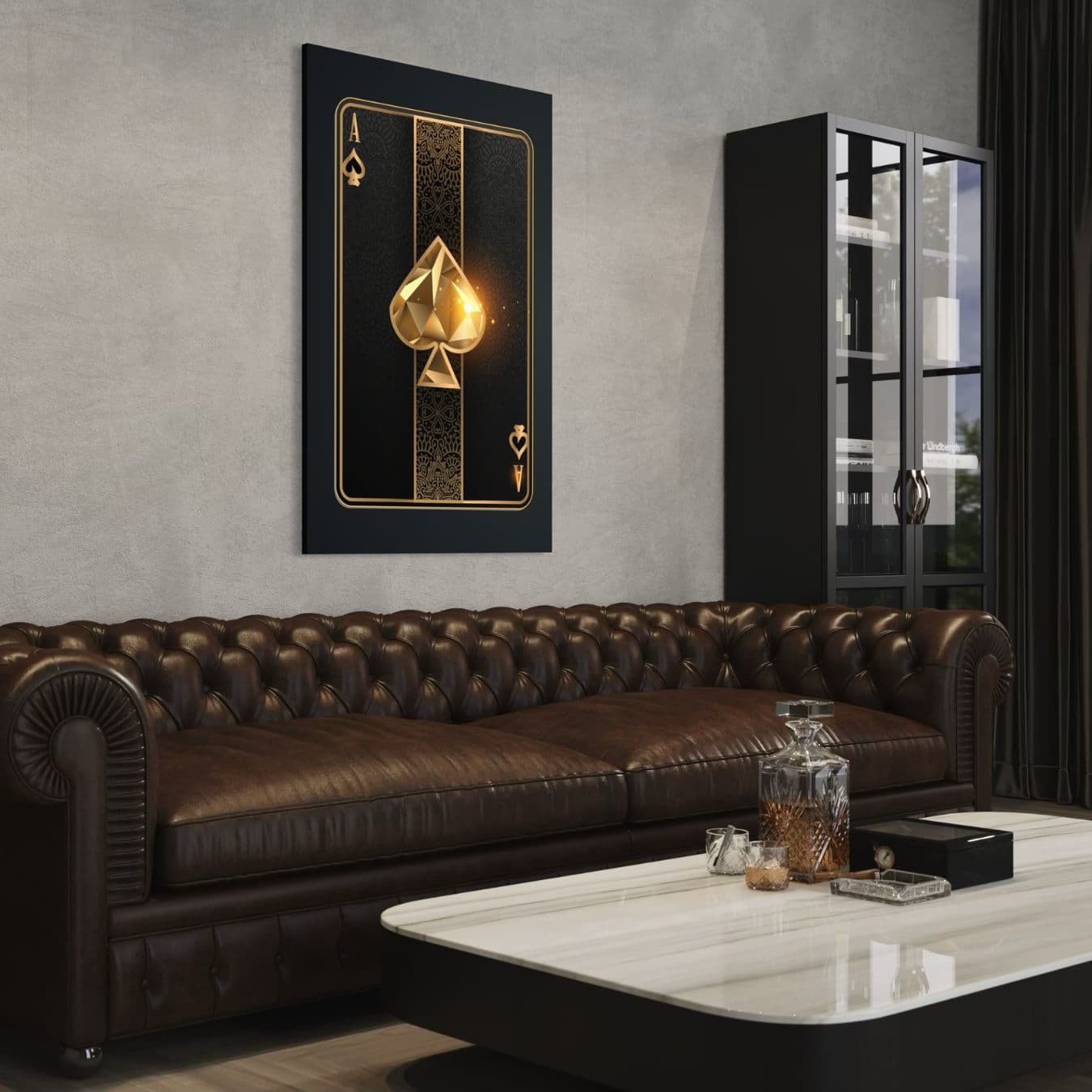 dibond schilderij van een gouden schoppen aas in een luxe woonruimte