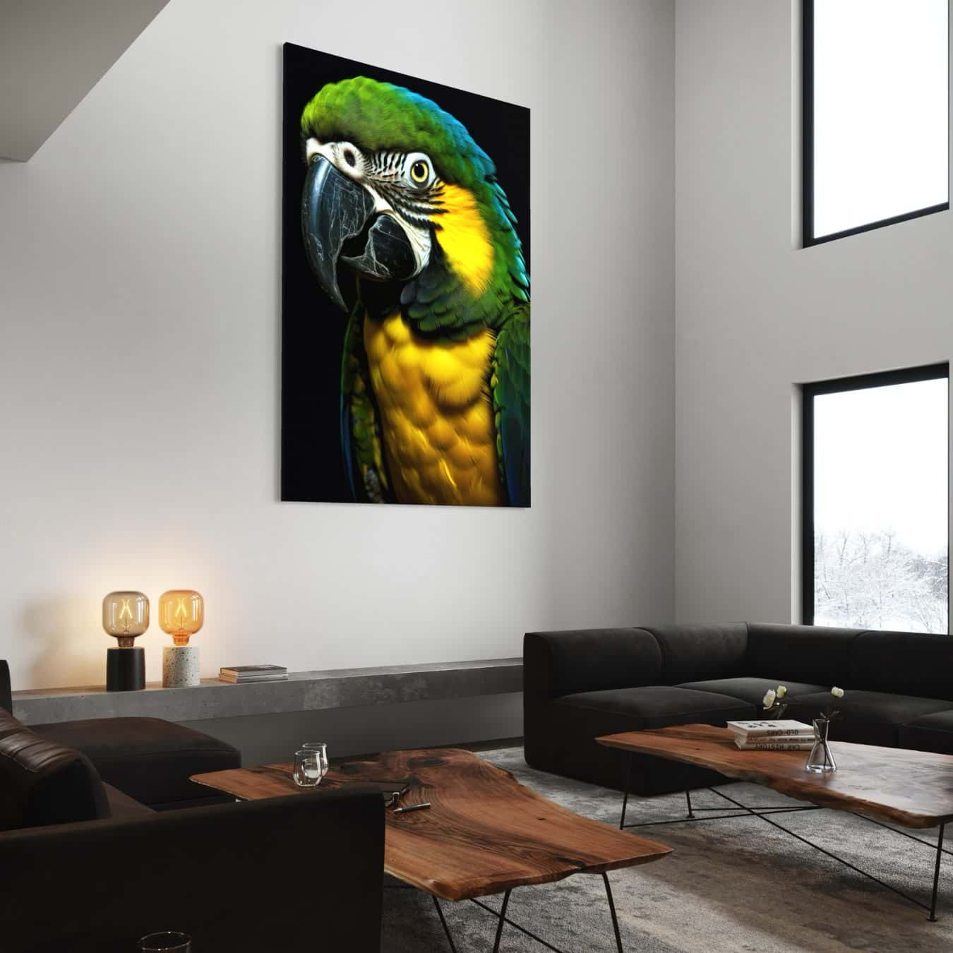 dibond schilderij van een groene papegaai opgehangen aan witte muur