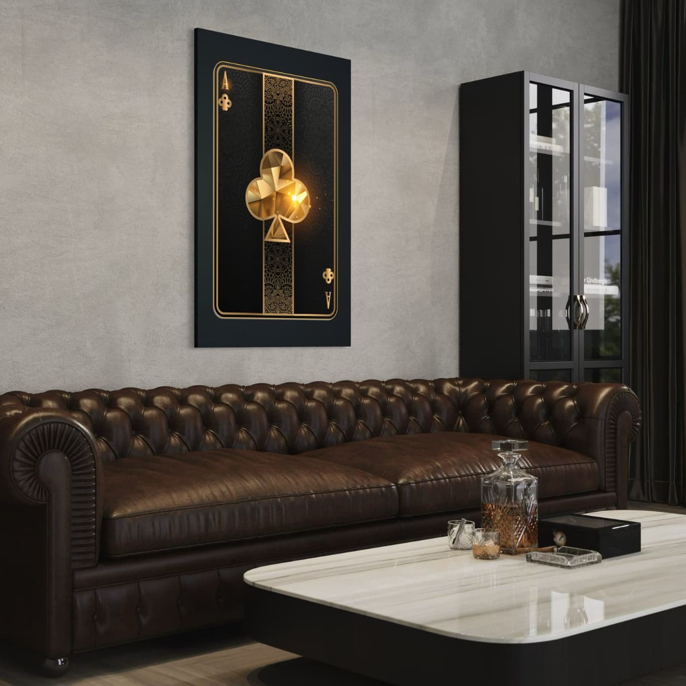 dibond schilderij van een klaveren aas in een luxe interieur