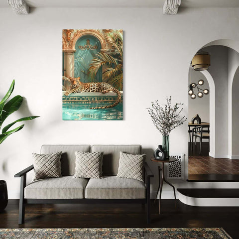 dibond schilderij van een luipaard aan een zwembad in een interieur
