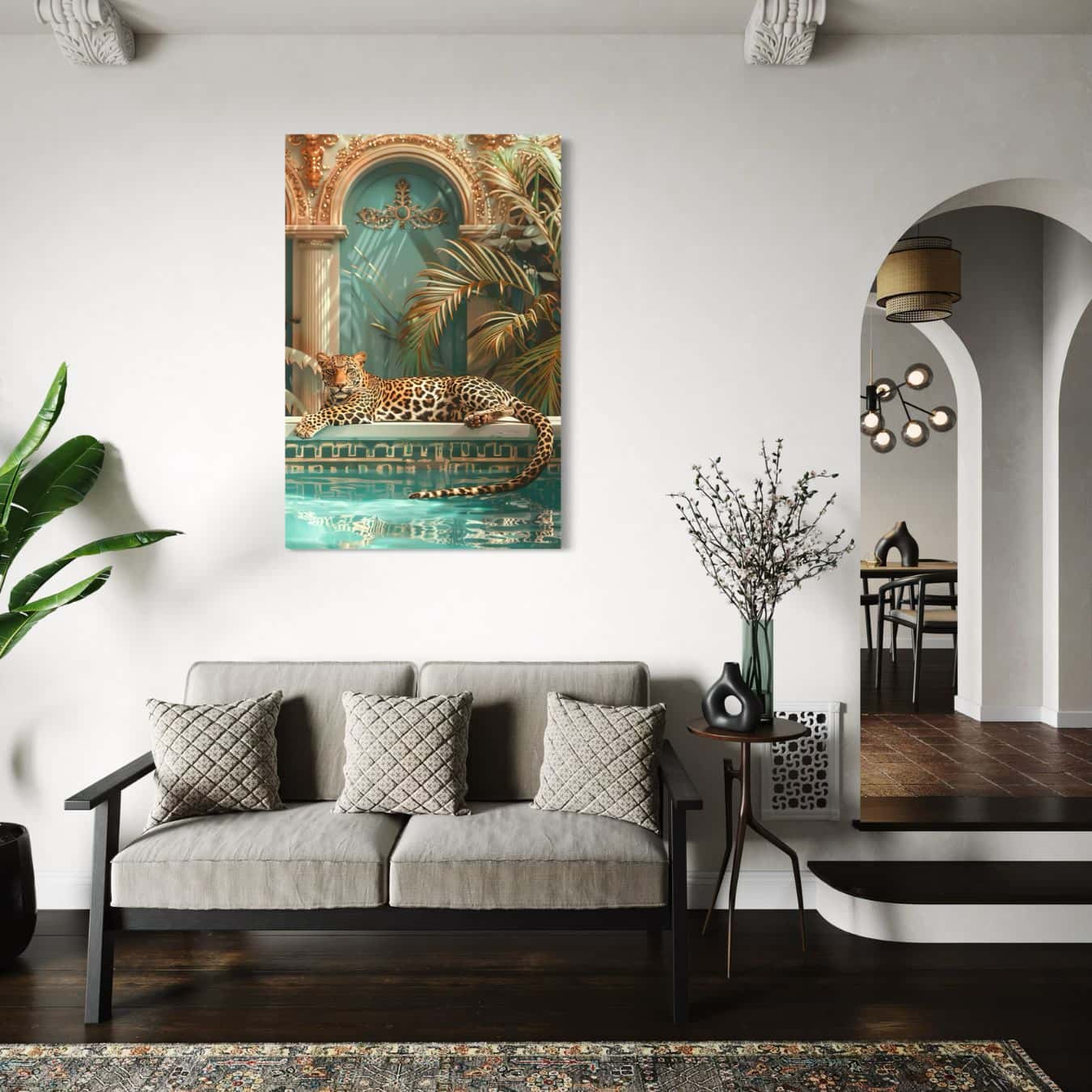 dibond schilderij van een luipaard aan een zwembad in een interieur