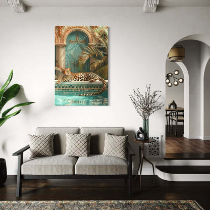 dibond schilderij van een luipaard aan een zwembad in een interieur