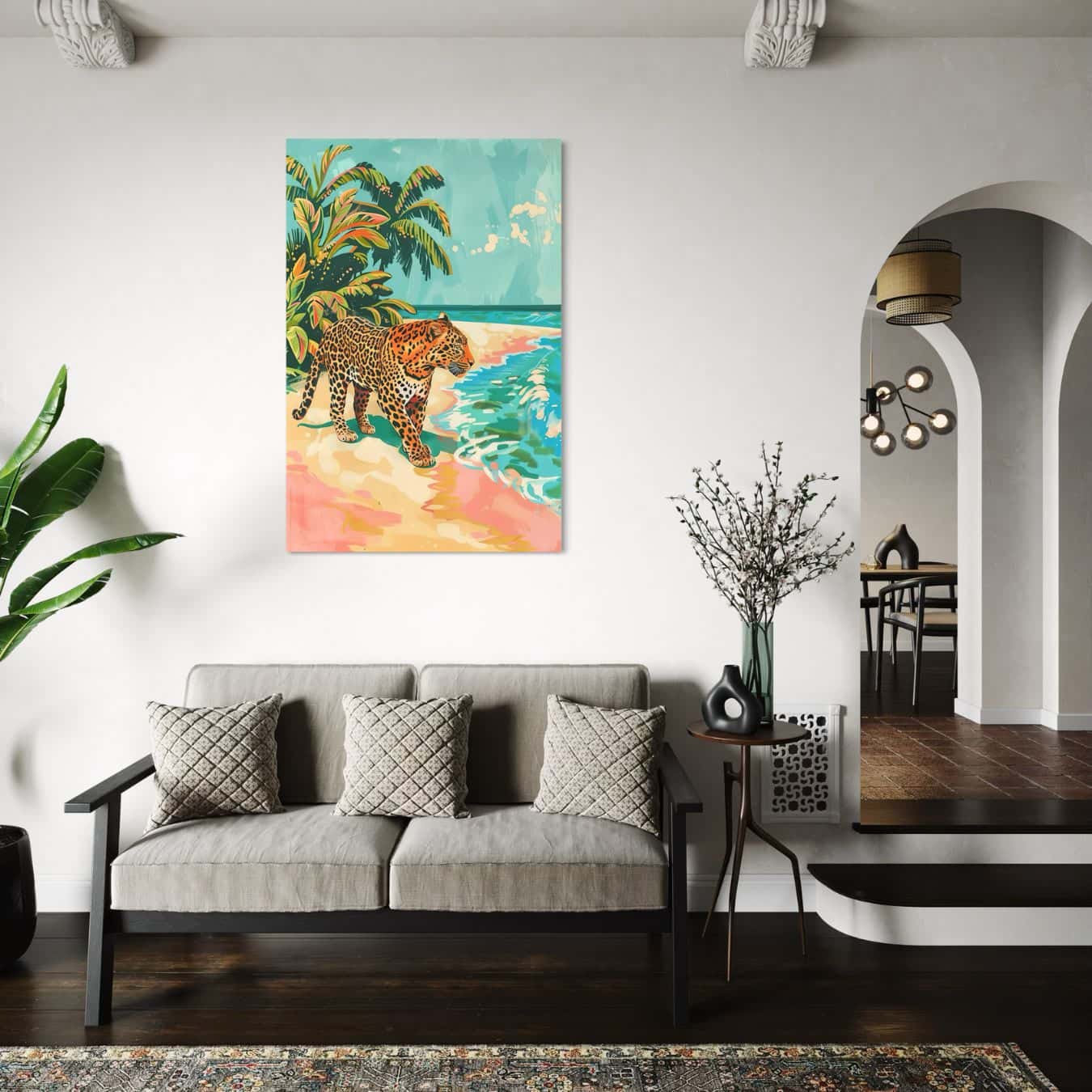 dibond schilderij van een luipaard opgehangen in woonkamer