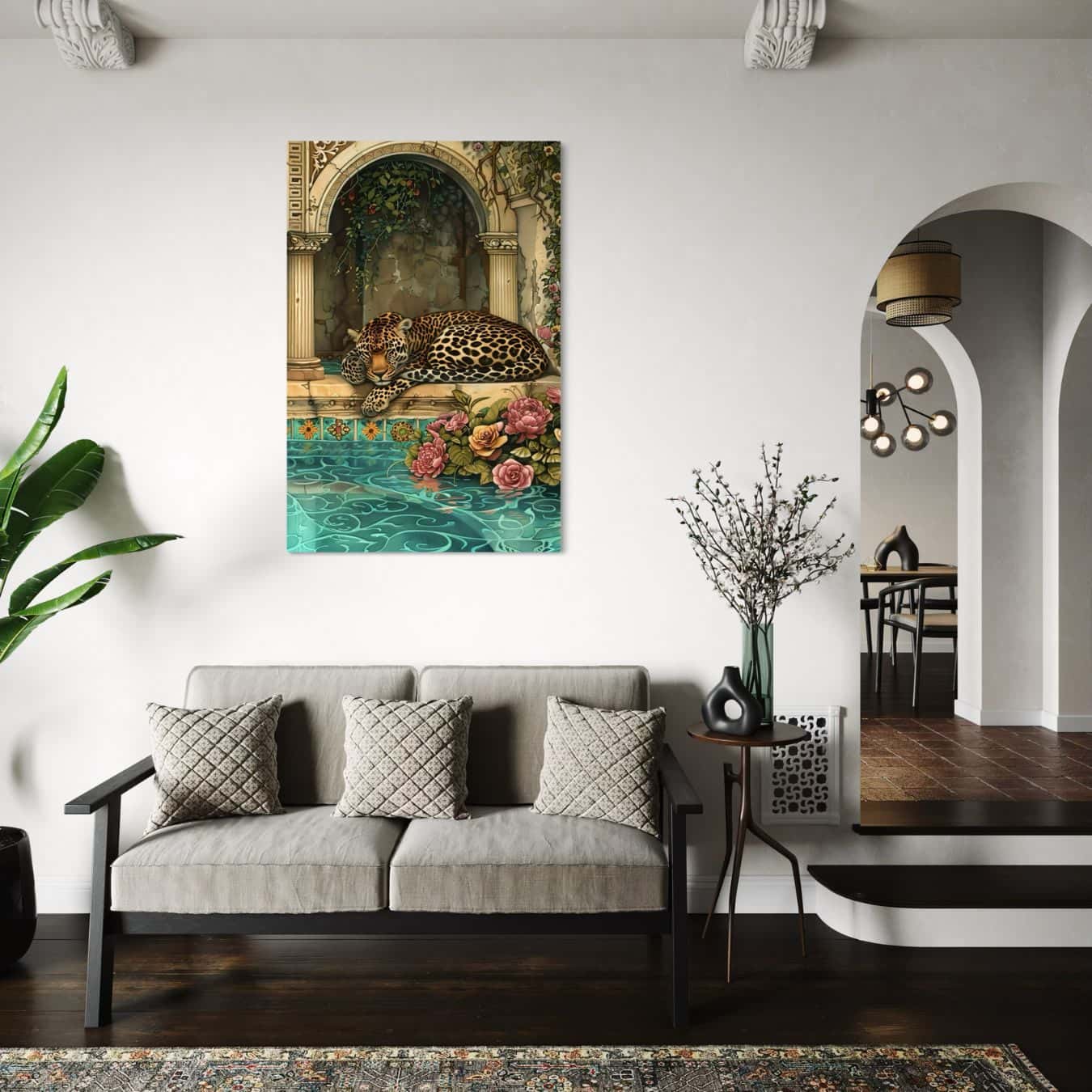 dibond schilderij van een luipaard aan een zwembad in een woonkamer