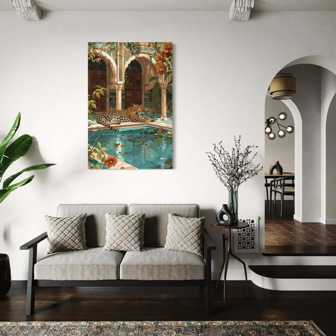 dibond schilderij van een luipaard in een minimalistisch interieur