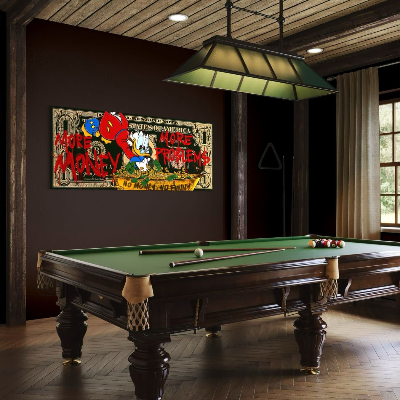 Dibond schilderij met cartoon en quote more money more problems erbij