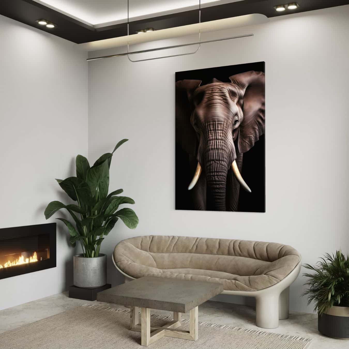 dibond schilderij van een olifant in een minimalistisch interieur