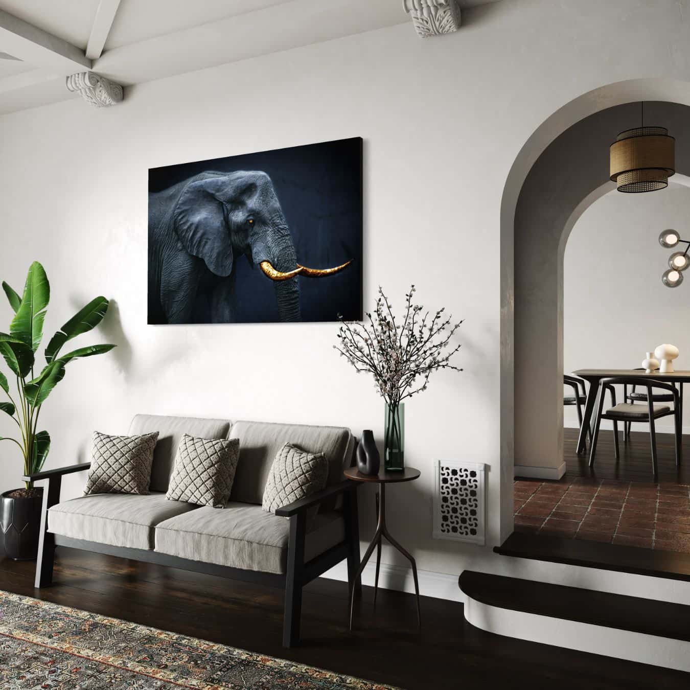 dibond schilderij olifant met gouden slagtanden in witte woonkamer