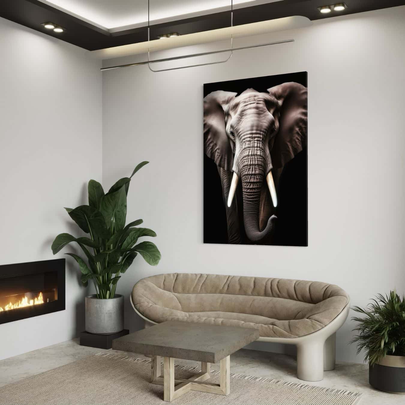 dibond schilderij van een olifant in een woonkamer met kamerplant