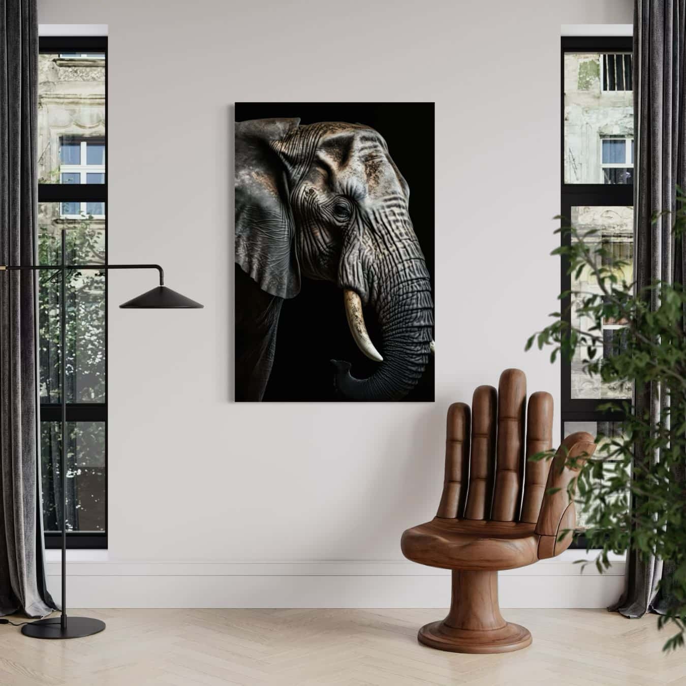 dibond schilderij olifant opgehangen aan witte muur met handstoel