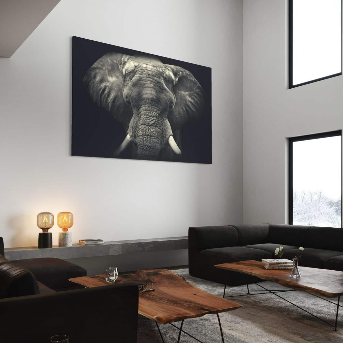 dibond schilderij van een olifant opgehangen in moderne woonkamer