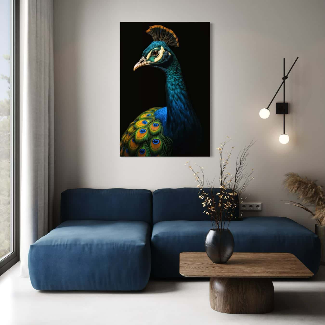 Stijlvol dibond schilderij van een kleurrijke pauw als prachtige wanddecoratie.