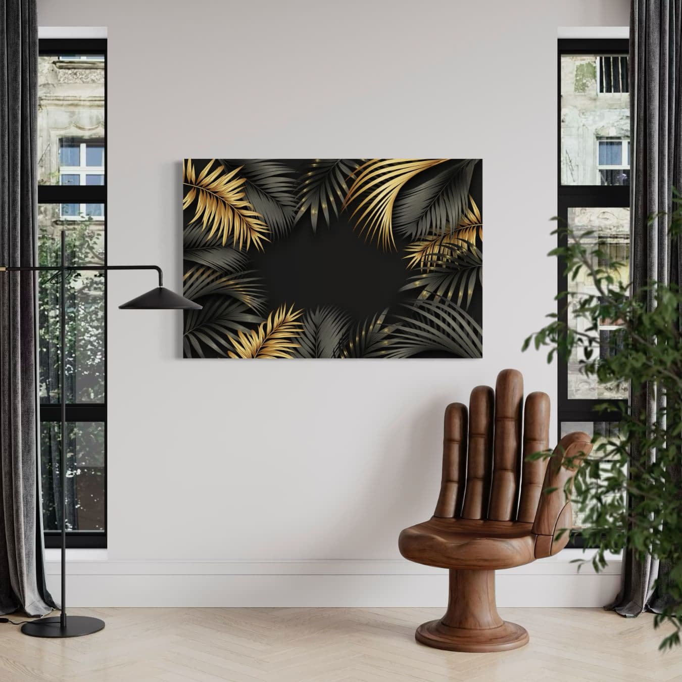 dibond schilderij van tropische bladeren in een modern interieur