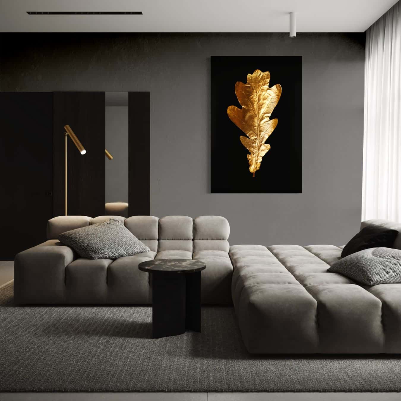 dibond schilderij van een gouden blad in een grijze woonkamer