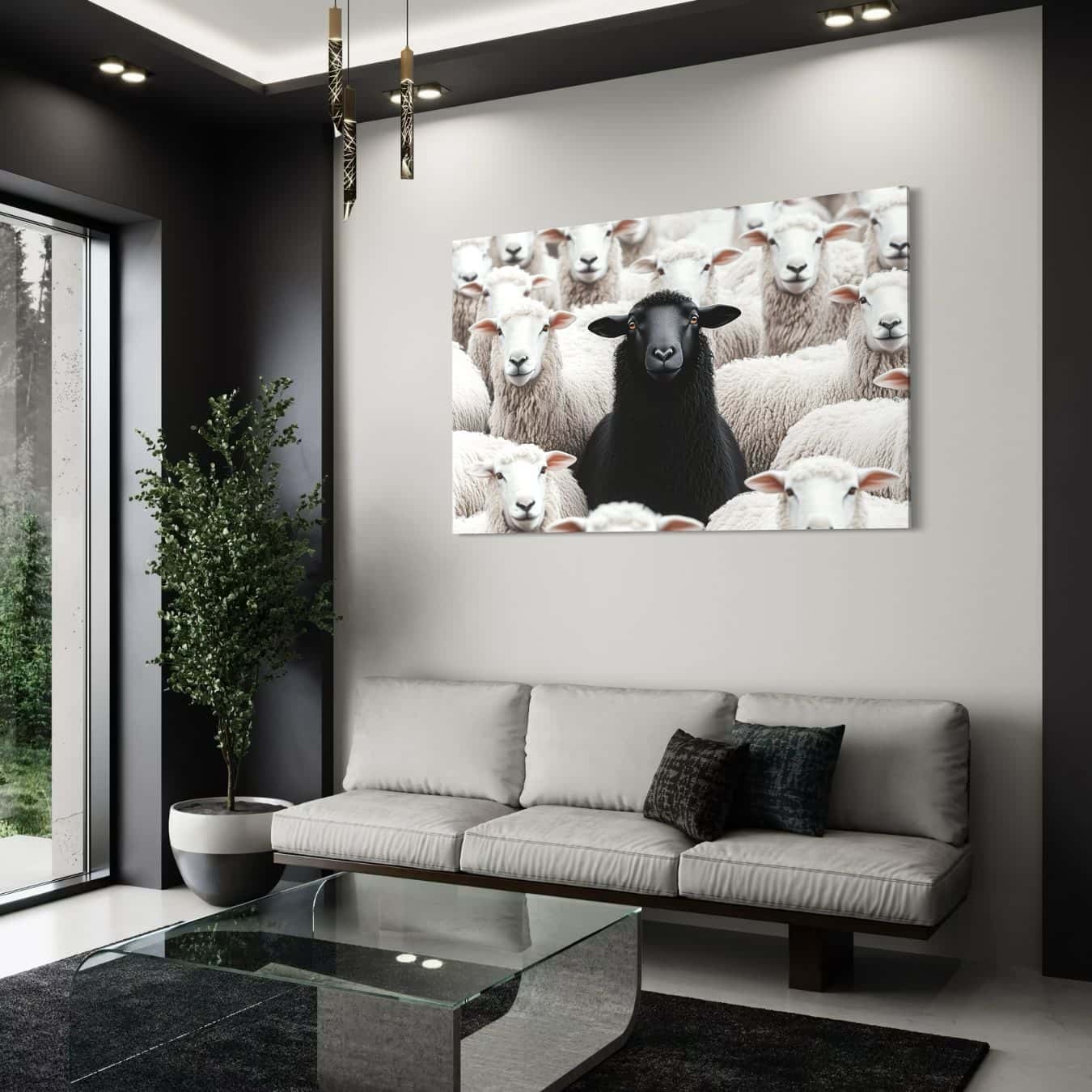 Dibond schilderij van zwart schaap boven stijlvolle leren bank.