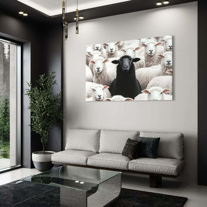 Dibond schilderij van zwart schaap boven stijlvolle leren bank.