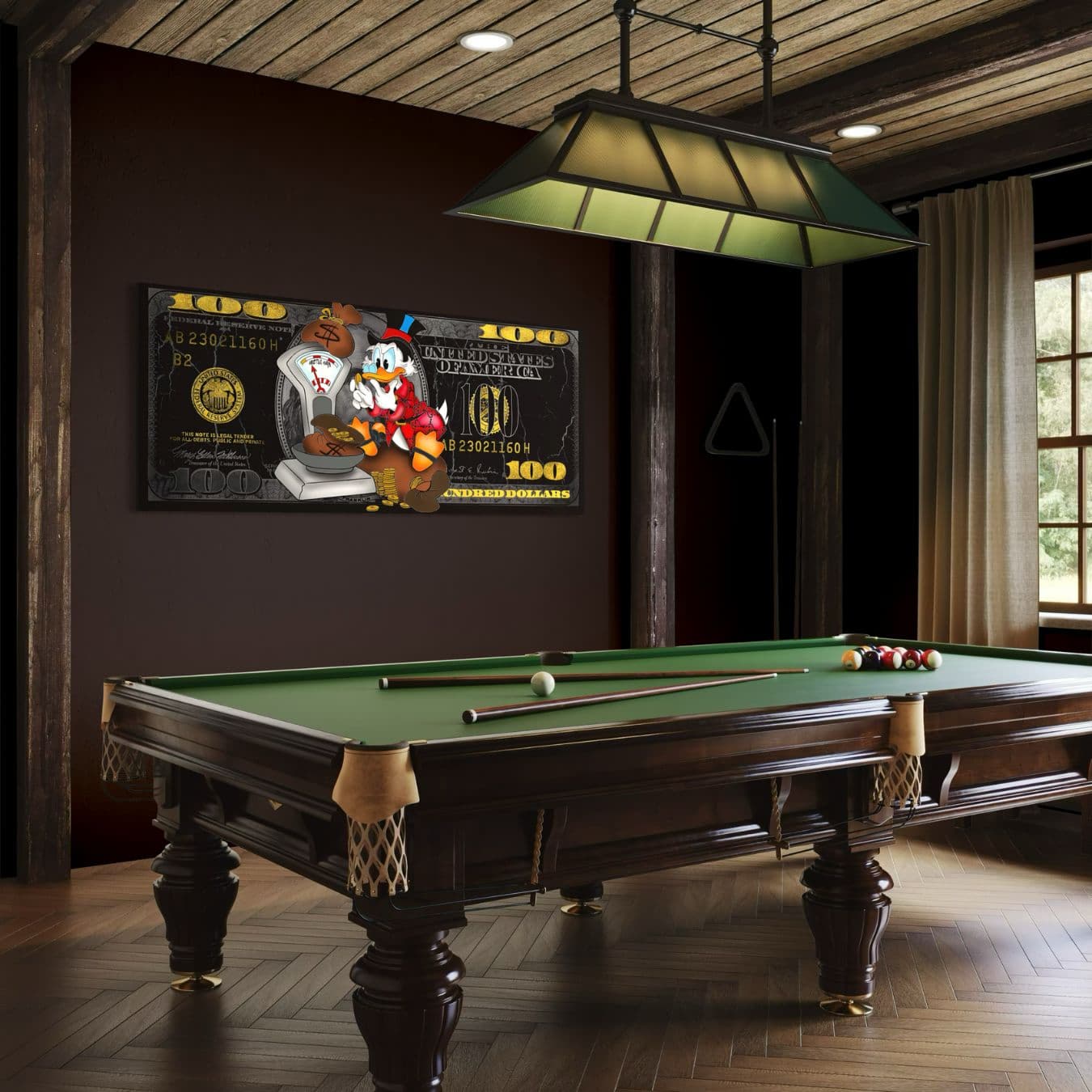 Dibond wanddecoratie met cartoon figuur in luxe biljartkamer interieur