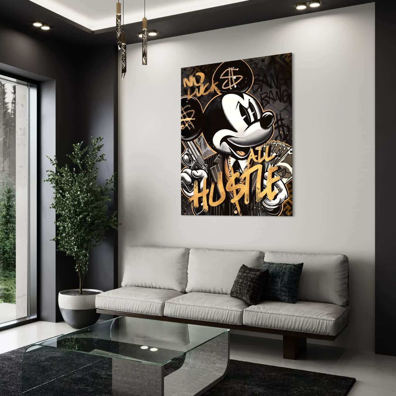 dibond maffia wanddecoratie mickey mouse in wit interieur