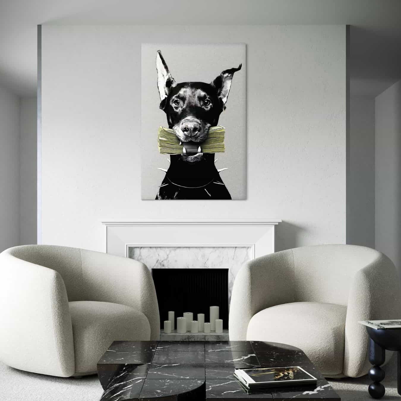 Wanddecoratie hond met geldstapel in modern strak interieur stijlvol gepresenteerd