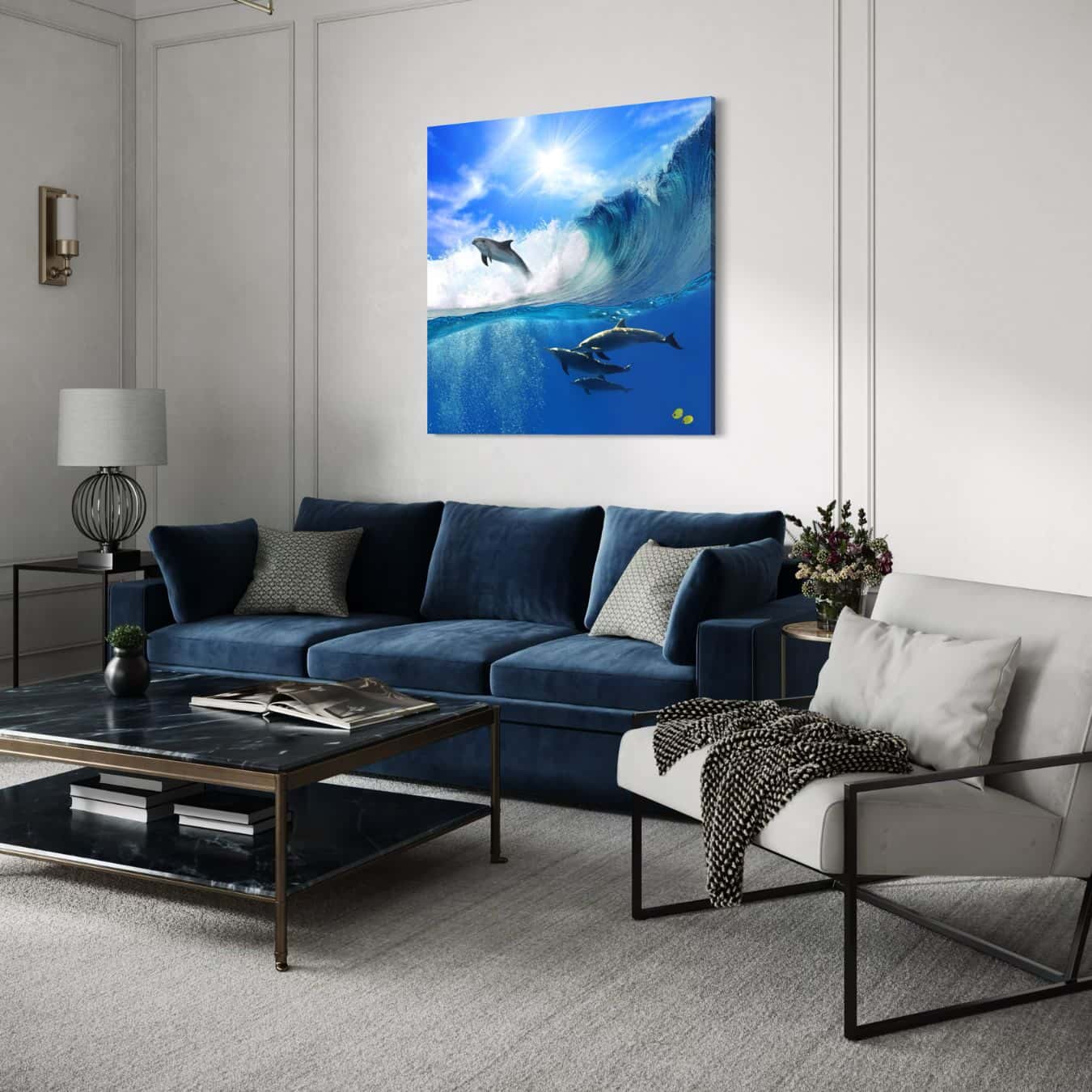 Muurkunst met dolfijnen die onderwater zwemmen in helderblauw oceaanwater