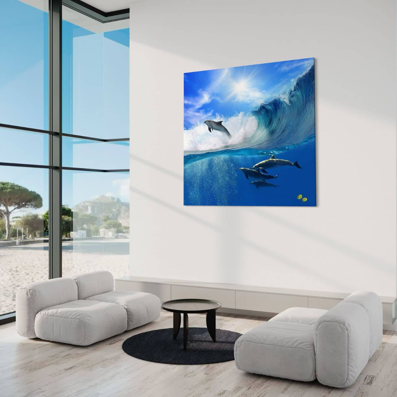 Plexiglas muurdecoratie met spelende dolfijnen in helderblauw water