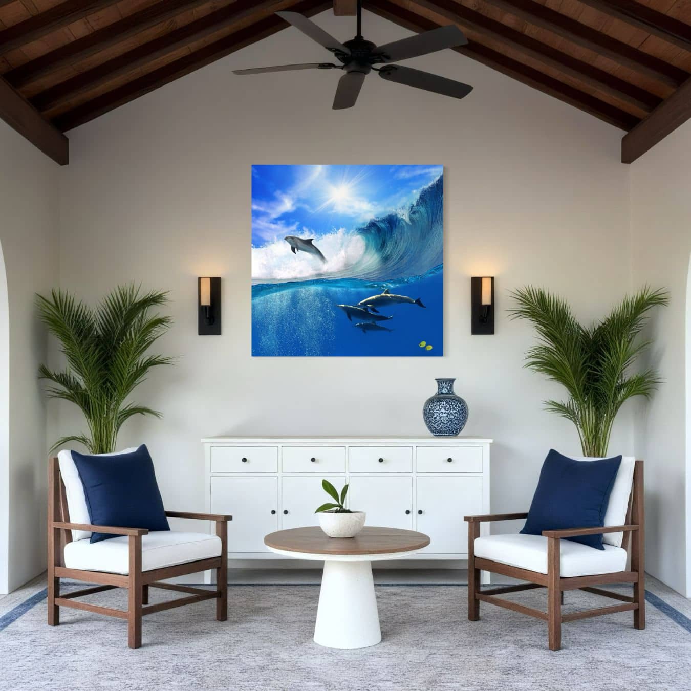 Canvas schilderij van dolfijnen die uit de oceaan springen, ideaal als muurdecoratie