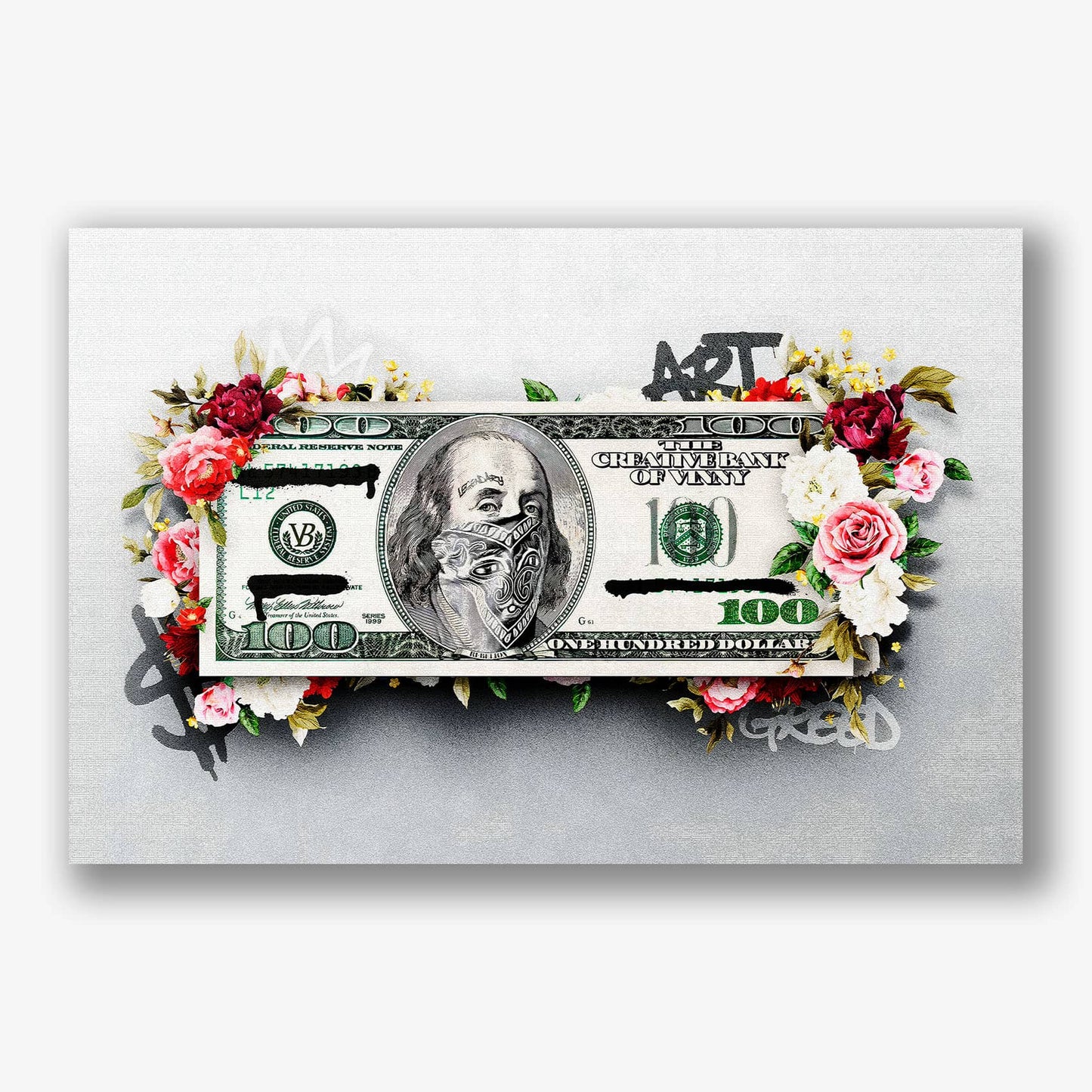 Honderd dollar kunstwerk met bloemen en graffiti in streetart stijl