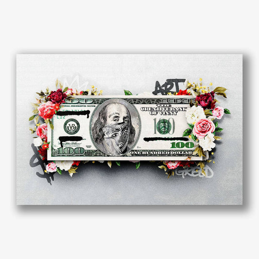 Honderd dollar kunstwerk met bloemen en graffiti in streetart stijl