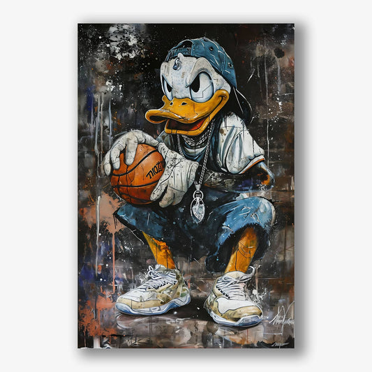 Donald Duck in urban basketbalstijl met pet, sneakers en graffiti sfeer