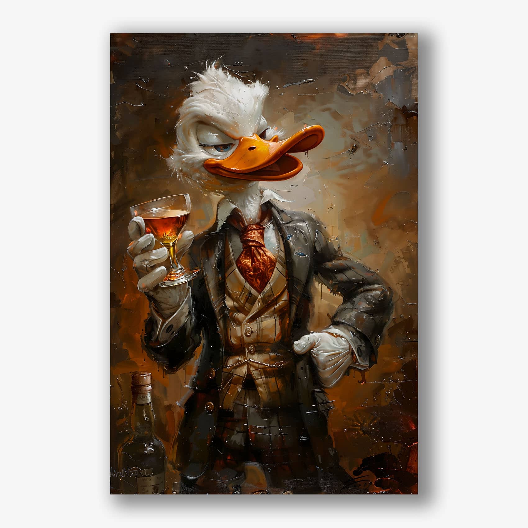 Canvas schilderij van stijlvolle eend met glas whisky in hand.