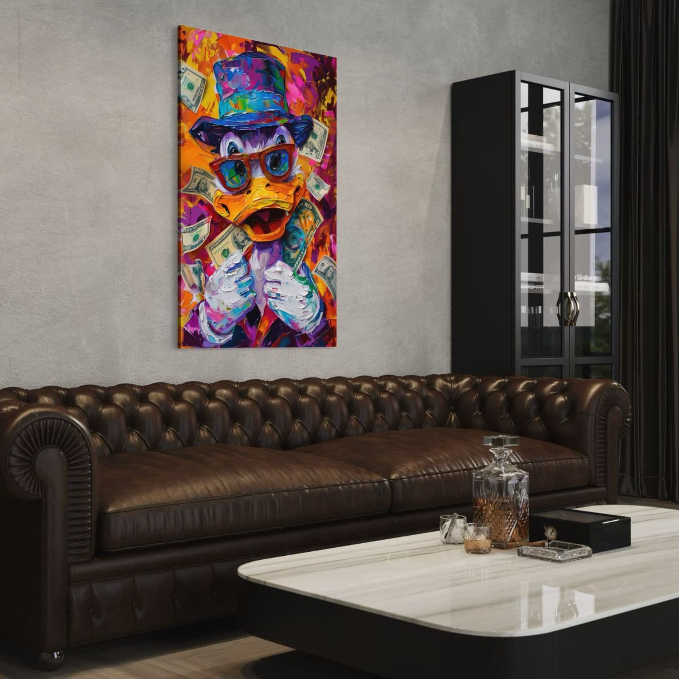 Donald Duck kunstwerk op dibond met felle kleuren en geldaccenten