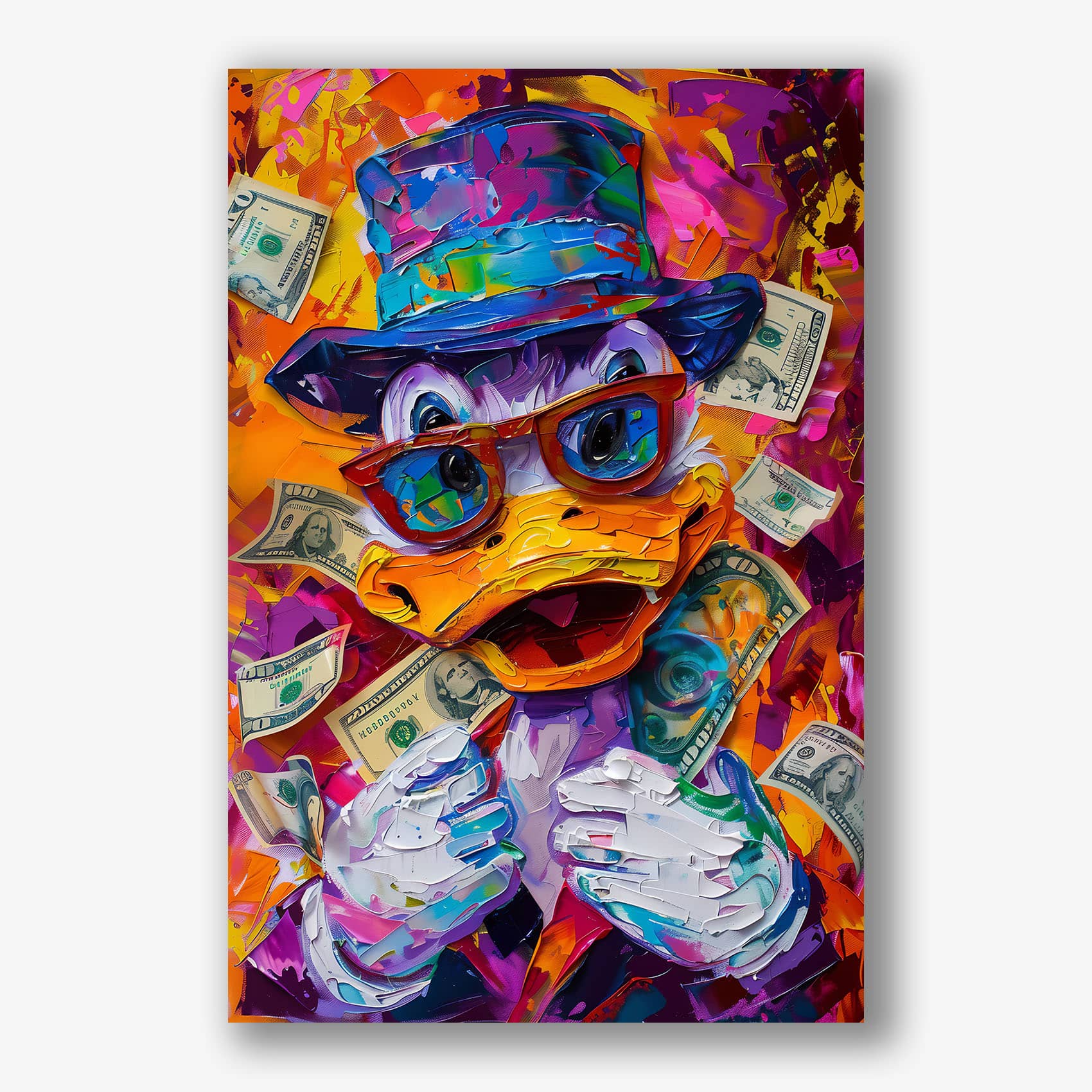 Popart schilderij met kleurrijke Donald Duck omringd door dollarbiljetten