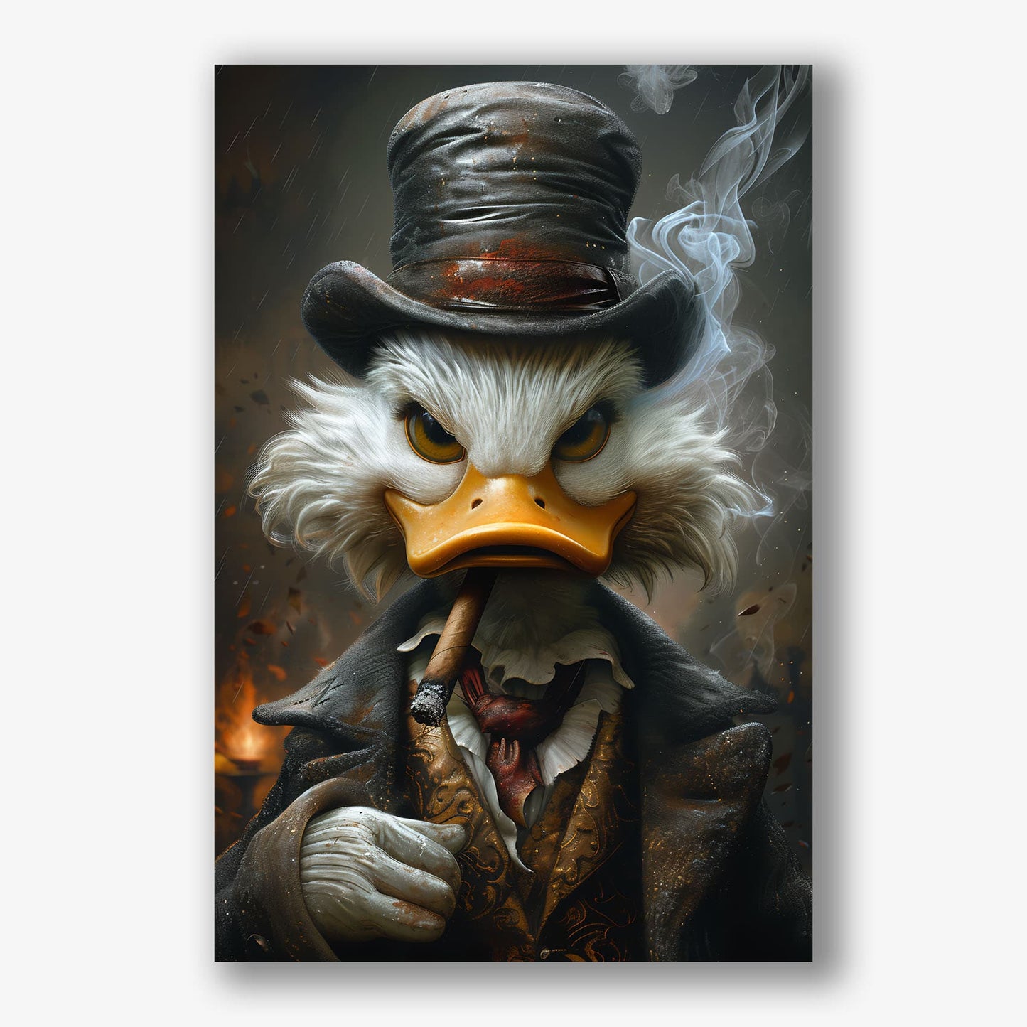 Klassiek canvas schilderij van boze eend met sigaar en hoed.
