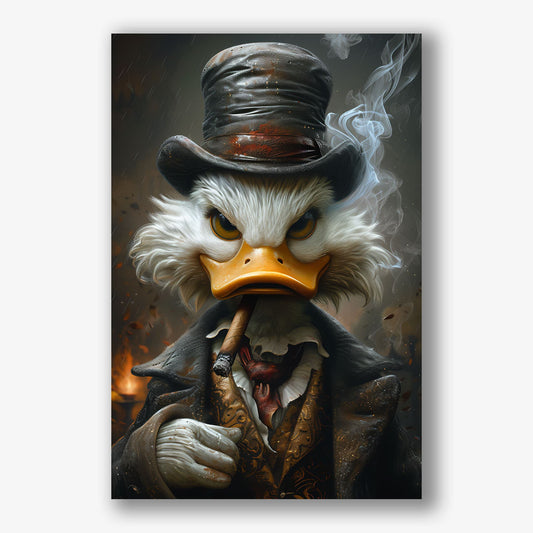Klassiek canvas schilderij van boze eend met sigaar en hoed.