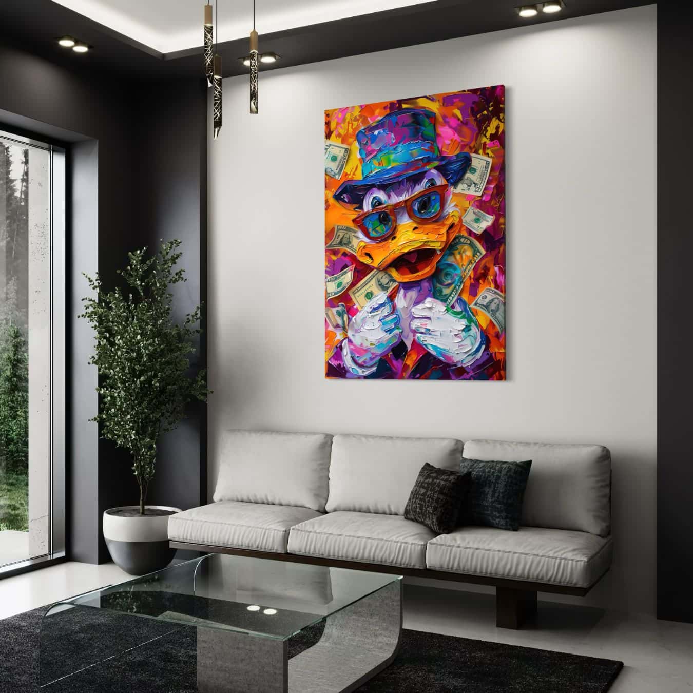 Popart wanddecoratie van Donald Duck in modern strakke woonkamer geplaatst
