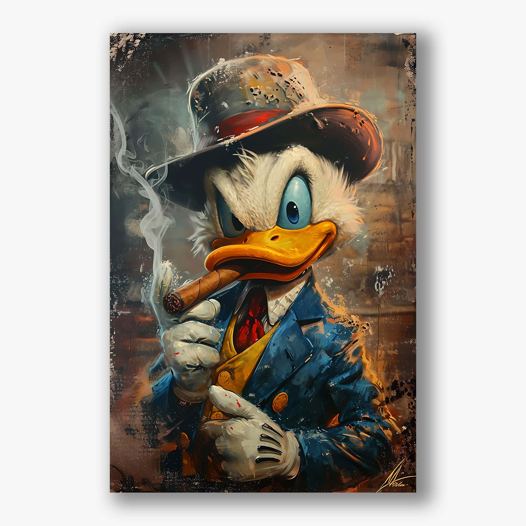 Schilderij van gangster eend met sigaar op canvas materiaal.