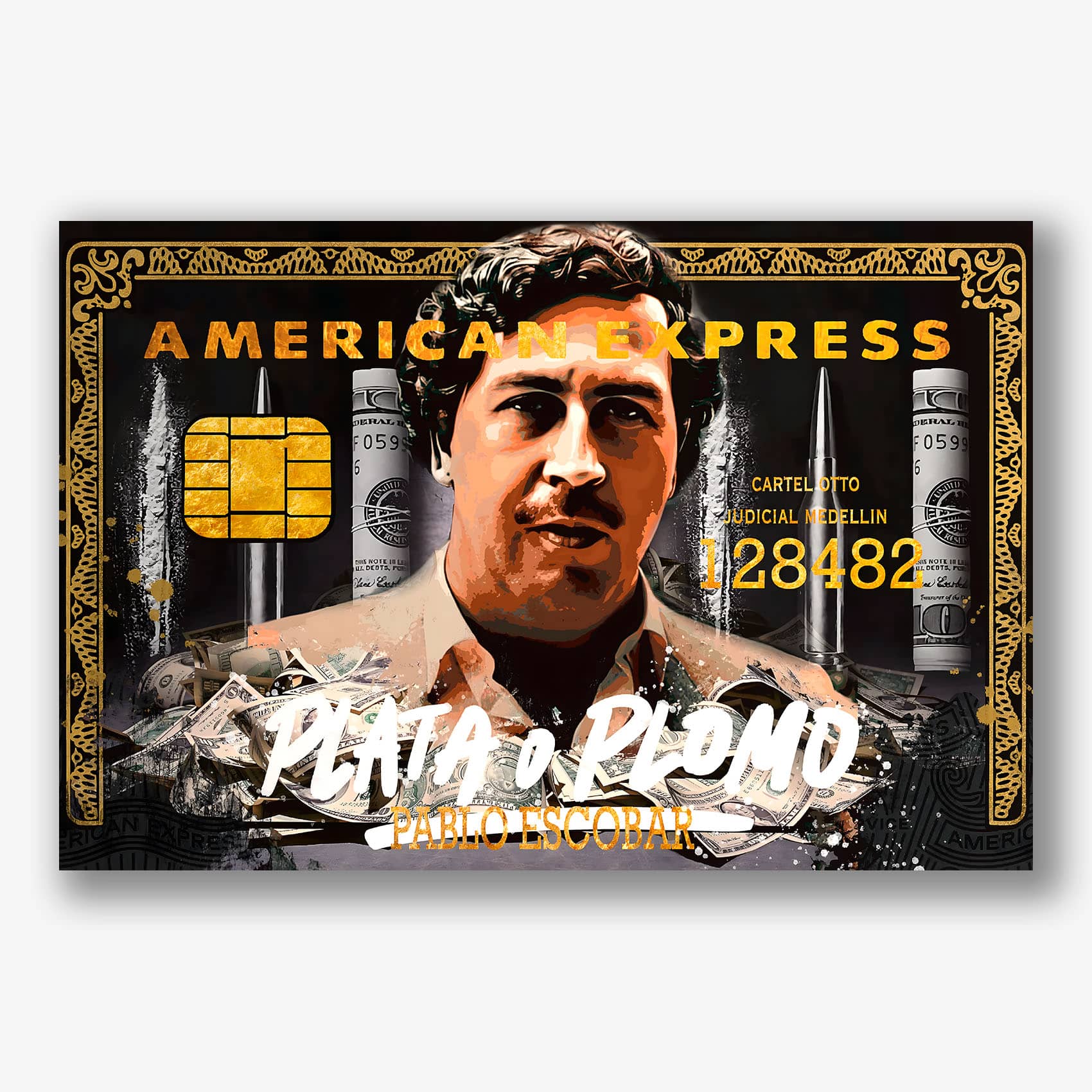 Gangster schilderij met Pablo Escobar en American Express design op canvas.