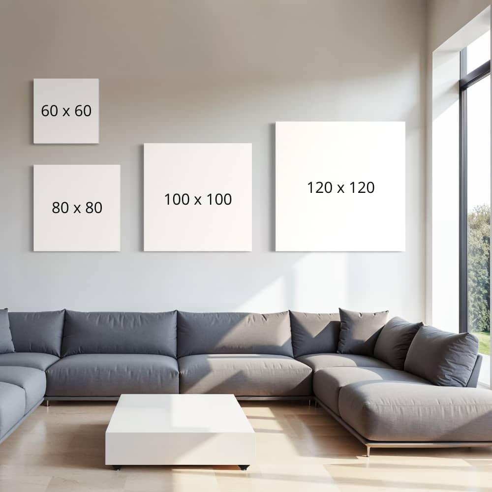 Formaatoverzicht van vierkante wanddecoratie in 60x60, 80x80cm, 100x100 en 120x120 cm. 