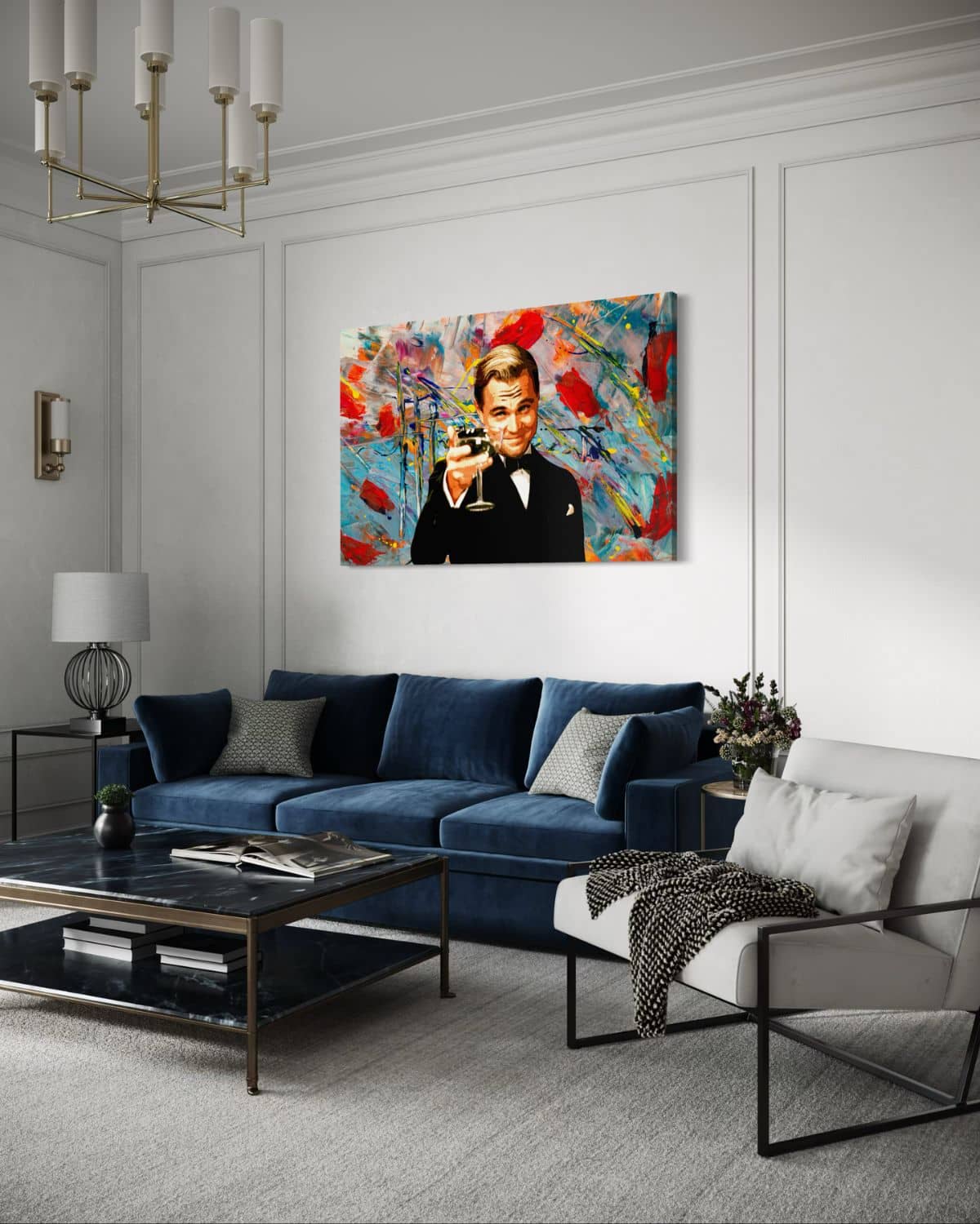 gatsby schilderij in blauwe woonkamer