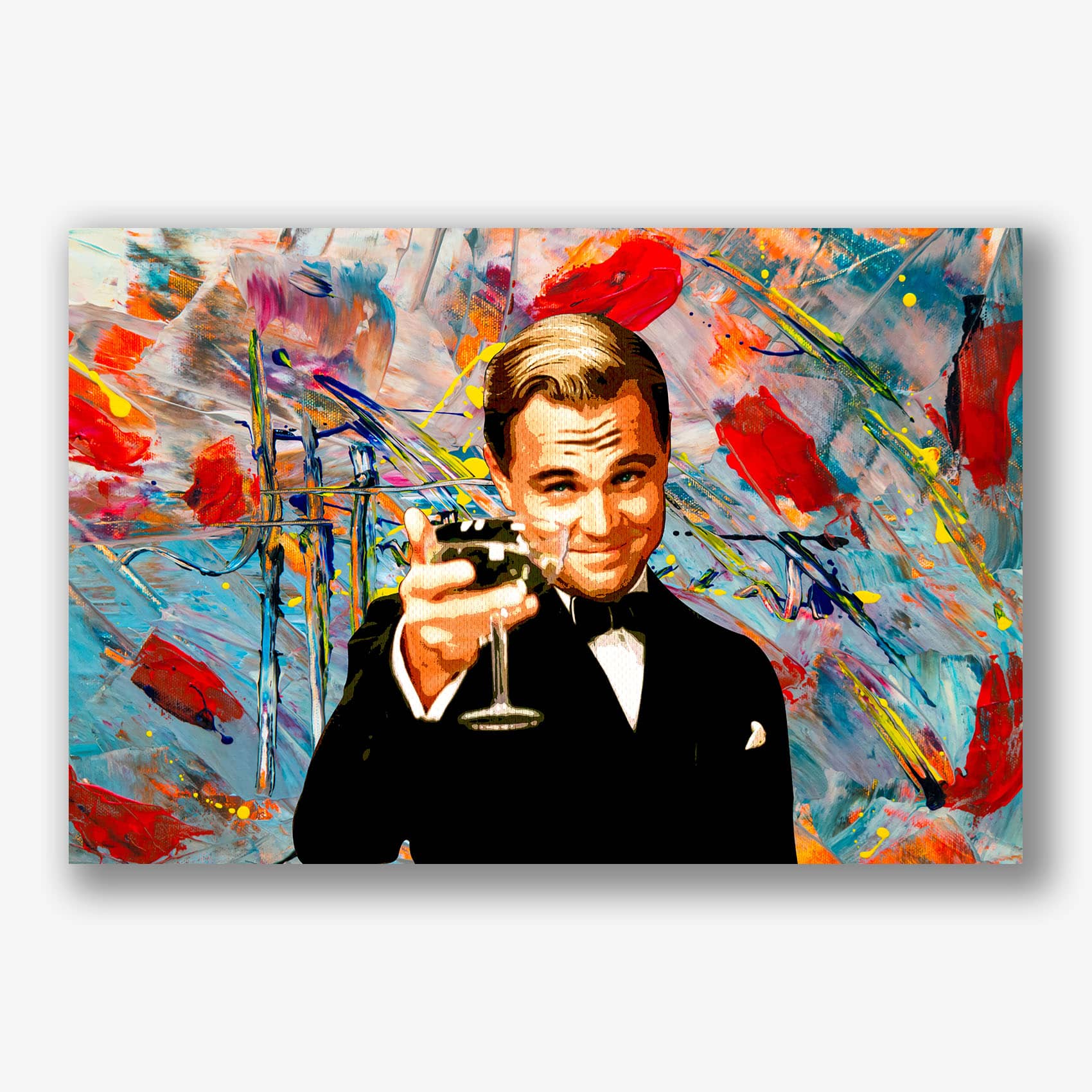 Kleurrijk canvas schilderij in Gatsby popart stijl met toostend man.