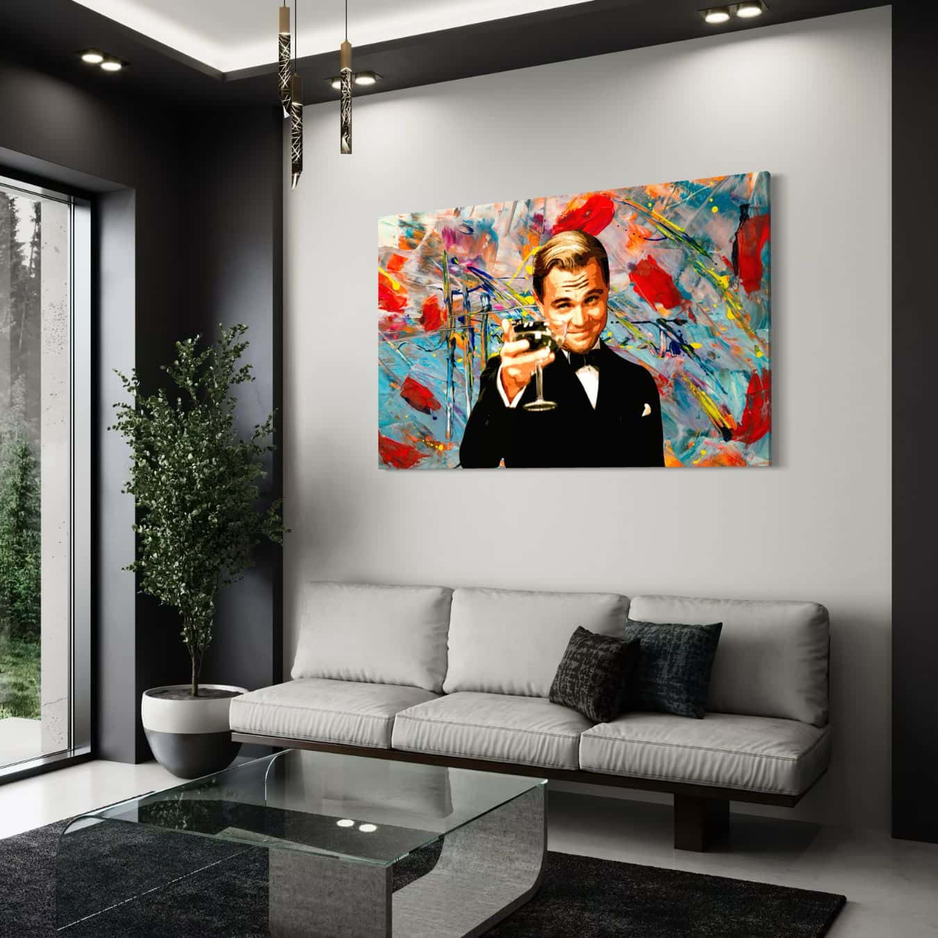 Gatsby wanddecoratie als kleurrijk kunstwerk boven moderne zitbank.