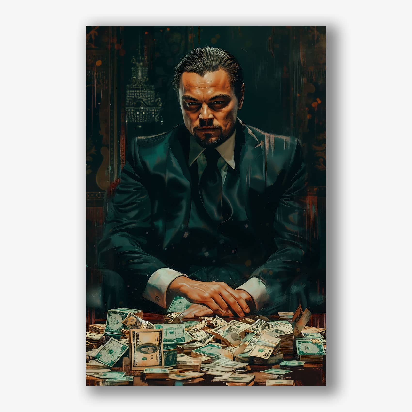 Canvas schilderij van een zakenman met geldstapel in maffiastijl.