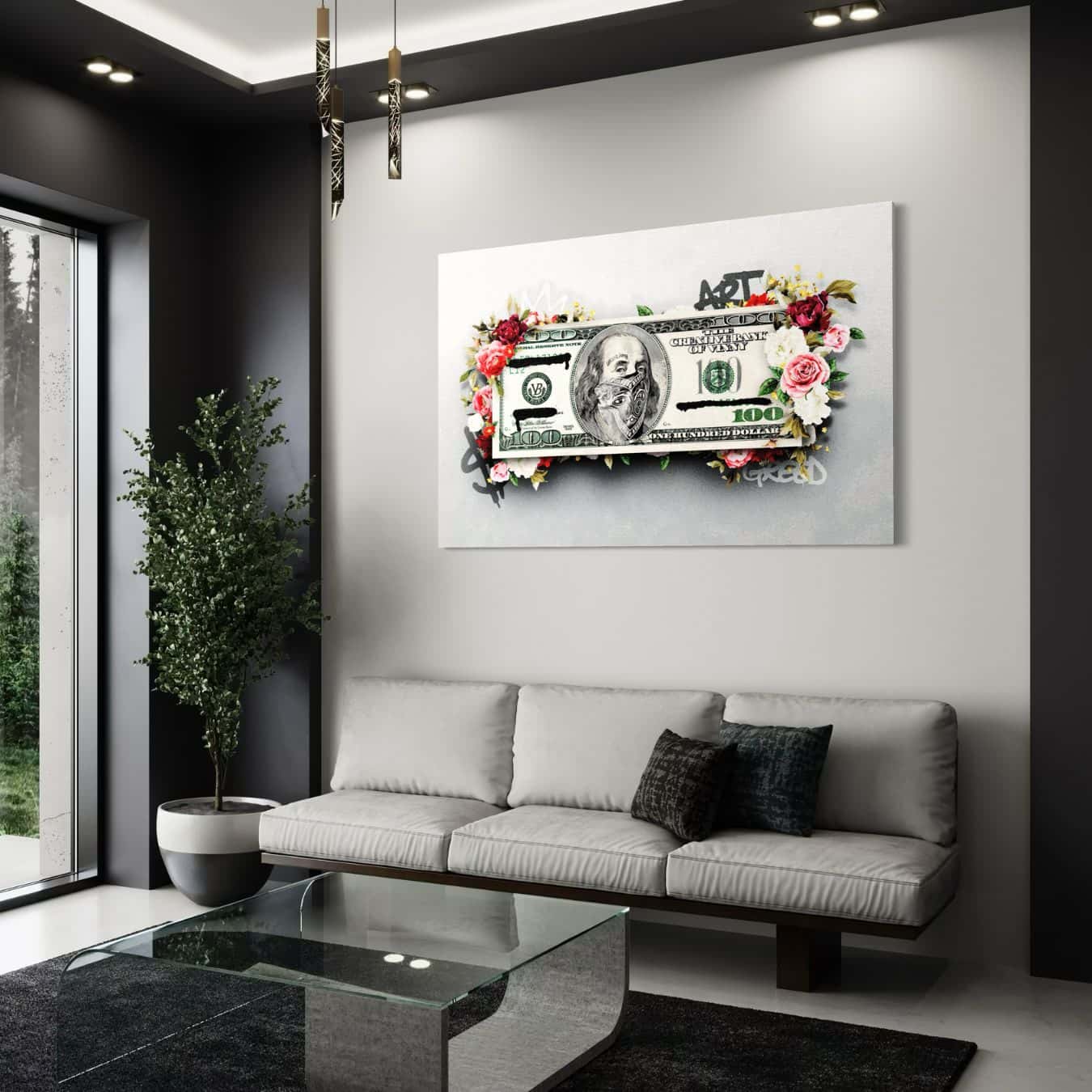 Geldkunst op plexiglas als wanddecoratie in modern wit interieur