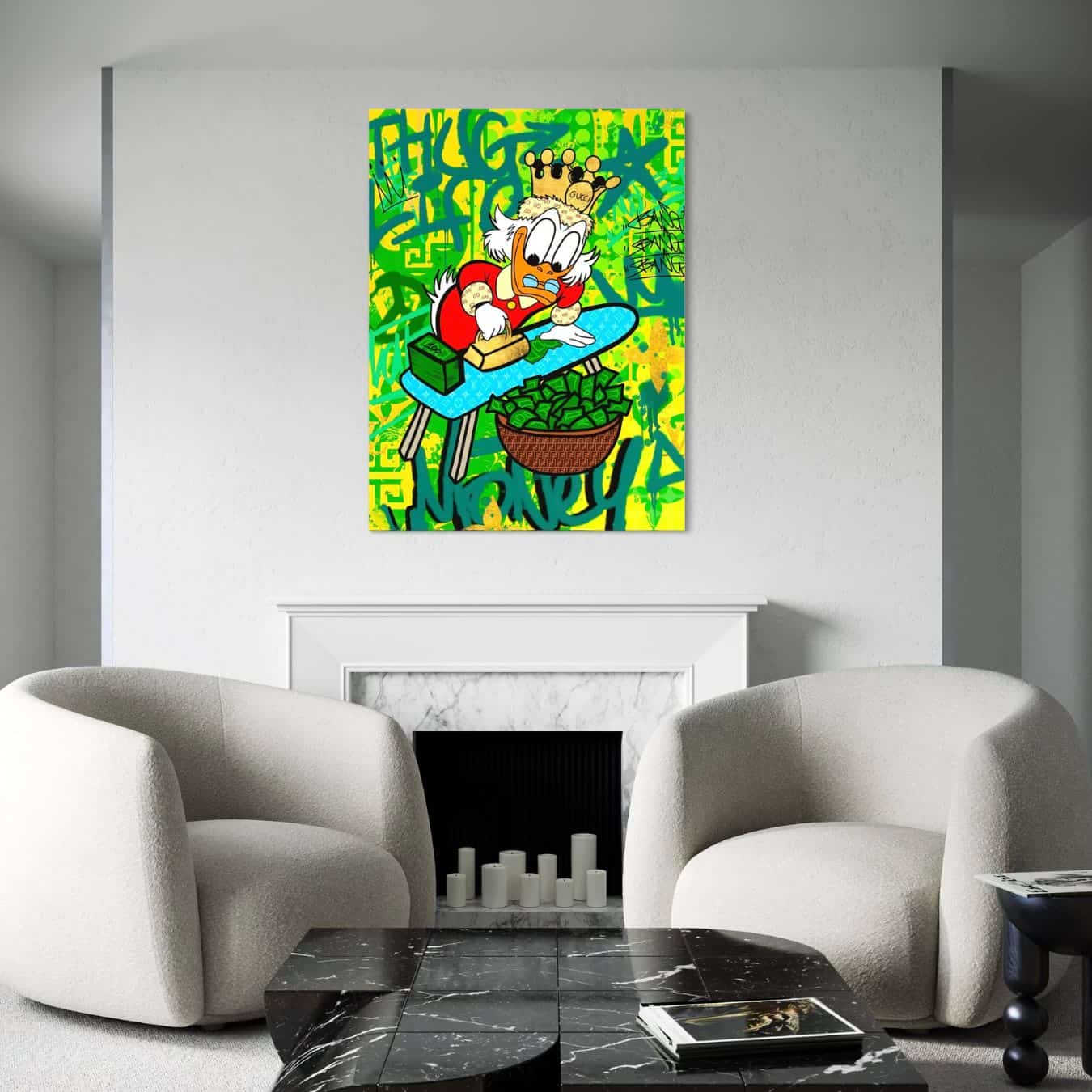 Pop-art schilderij van cartoon eend met geldmand in luxe ruimte.