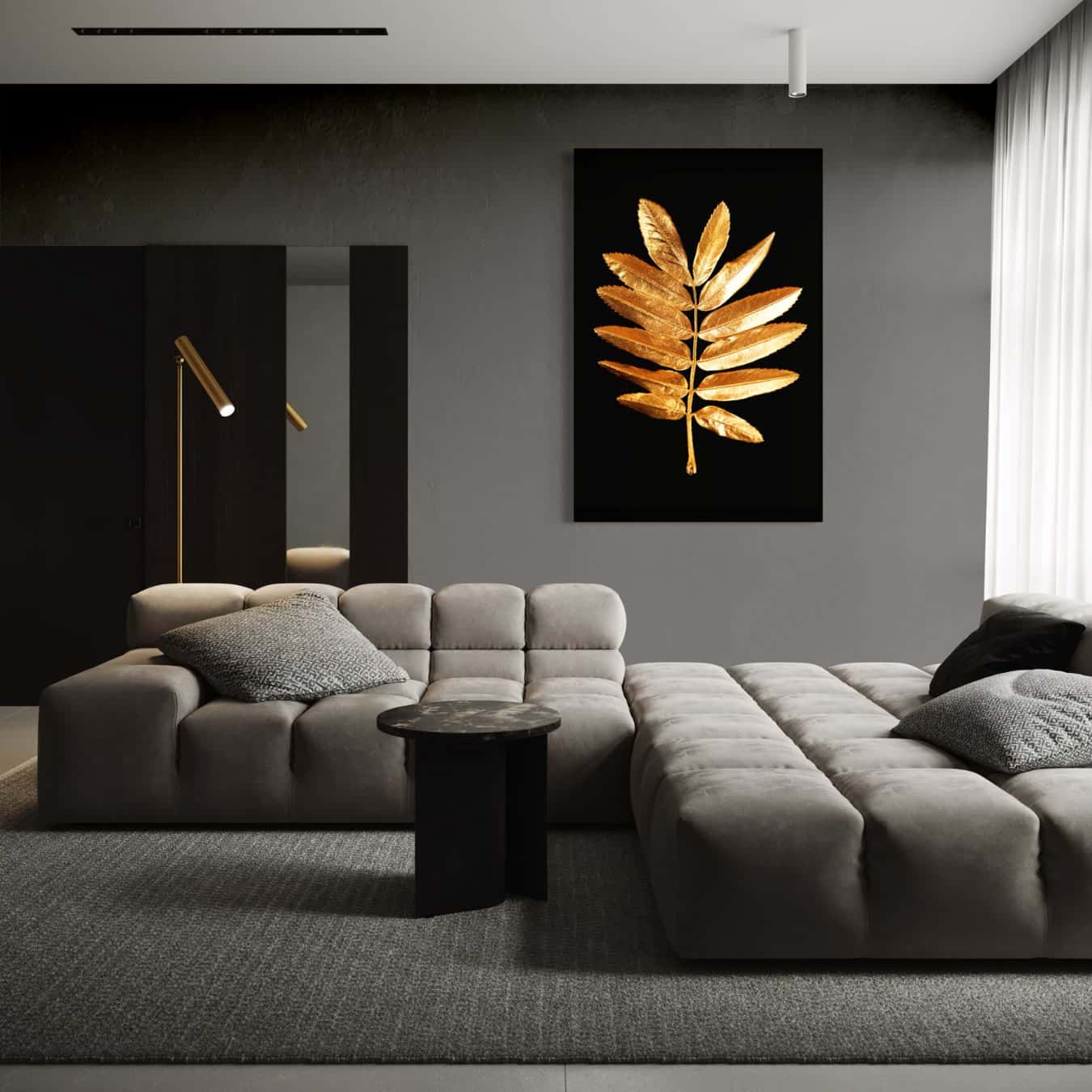 Dibond schilderij met goud blad als blikvanger in modern interieur