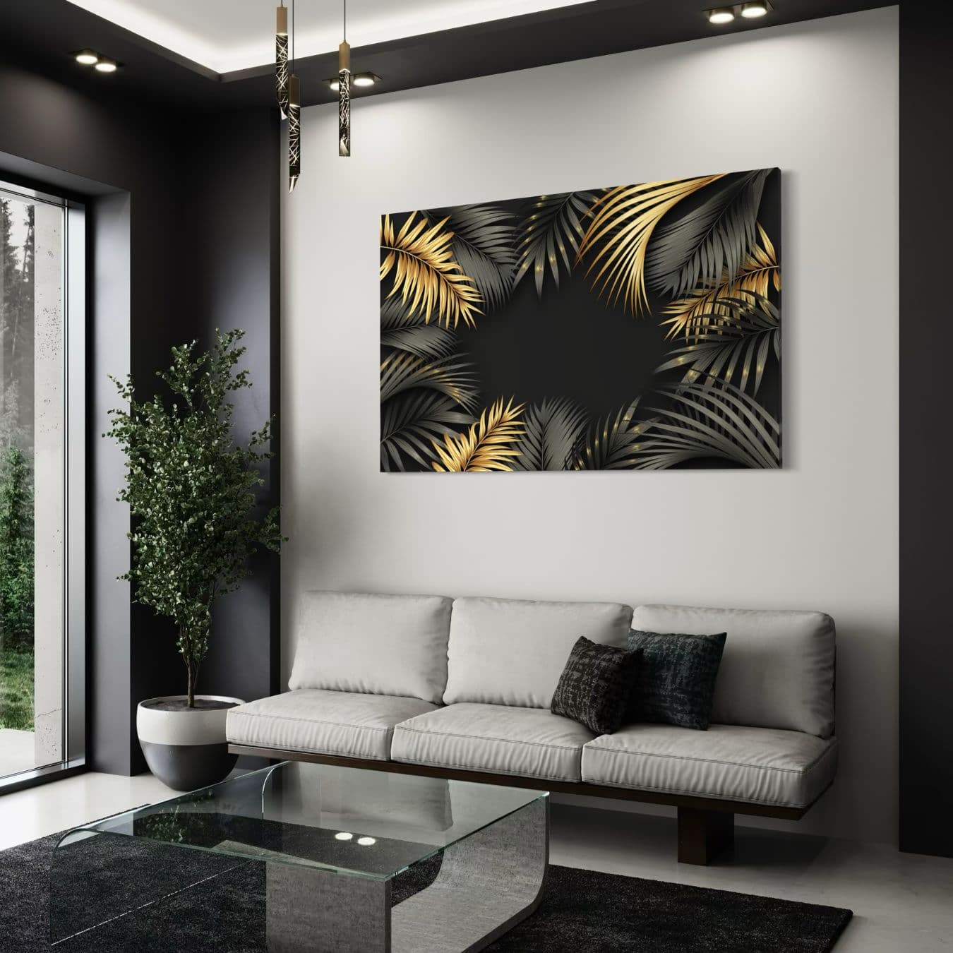 Gouden bladschilderij op dibond als luxe wandkunst boven moderne zitbank.