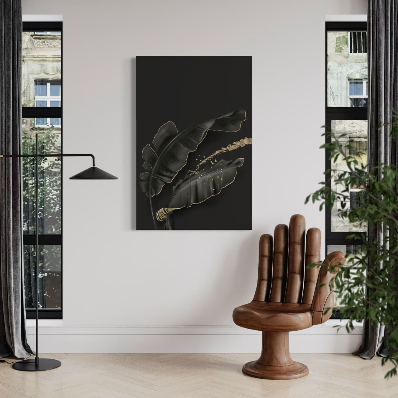 Schilderij met gouden bladeren als muurdecoratie op canvas
