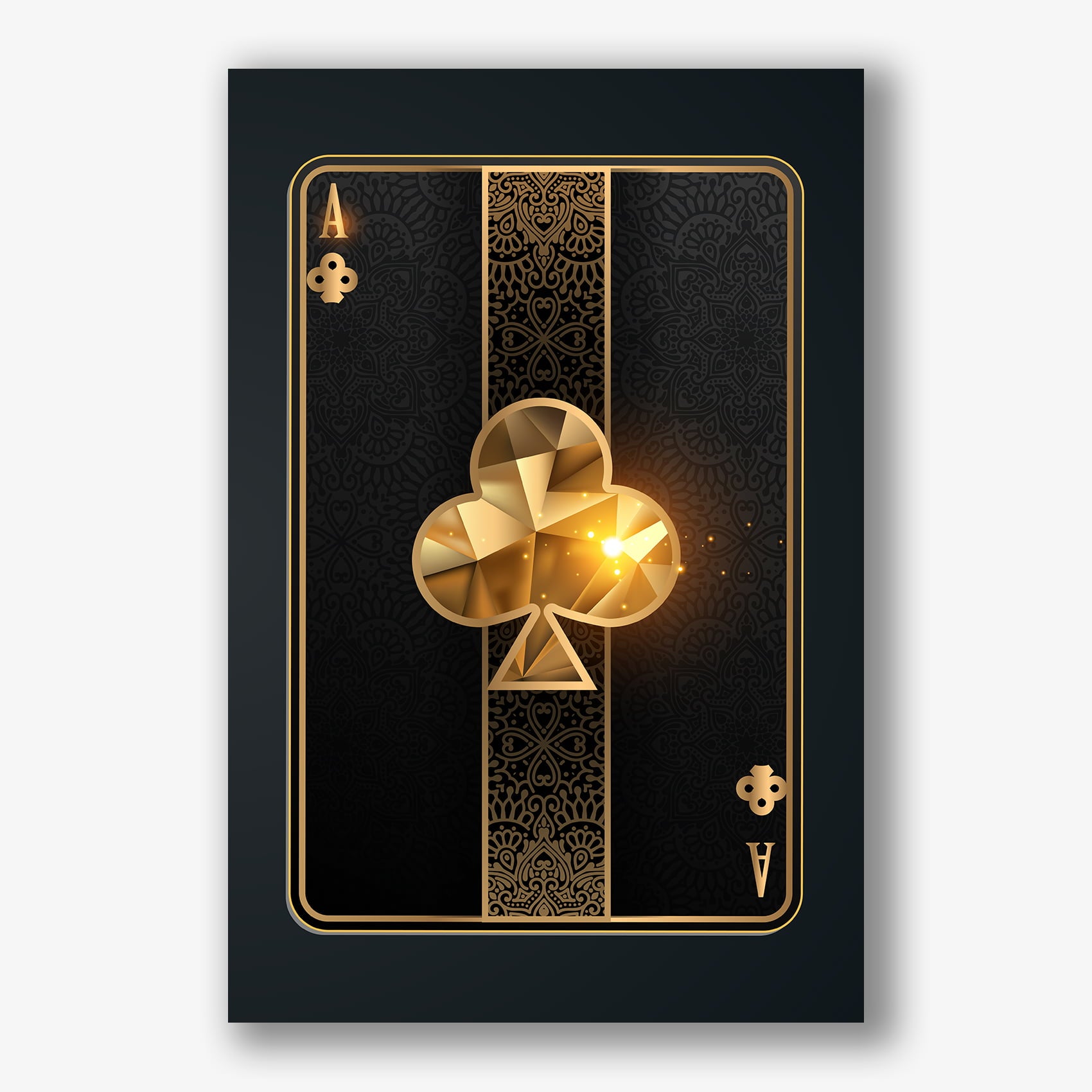 Stijlvolle klaveren aas kaart in goud gedrukt op zwart dibond paneel.